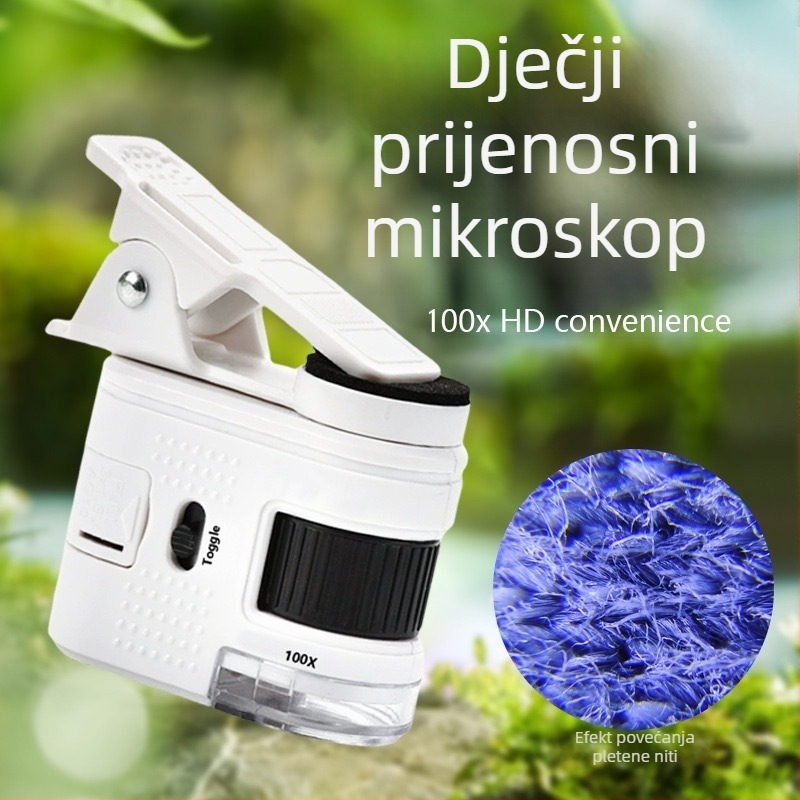100× mini mikroskop za djecu – zabavan znanstveni povećalo s LED svjetlom i lampom za otkrivanje bankovnica