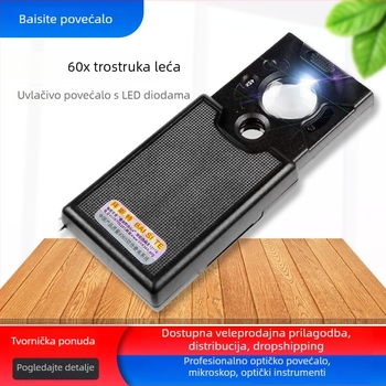 LED povećalo 60× s izvučnim mehanizmom i rasvjetom, za pregled duhana, poštanskih maraka, novčića i nakita, prenosni detektor novca – model 9585