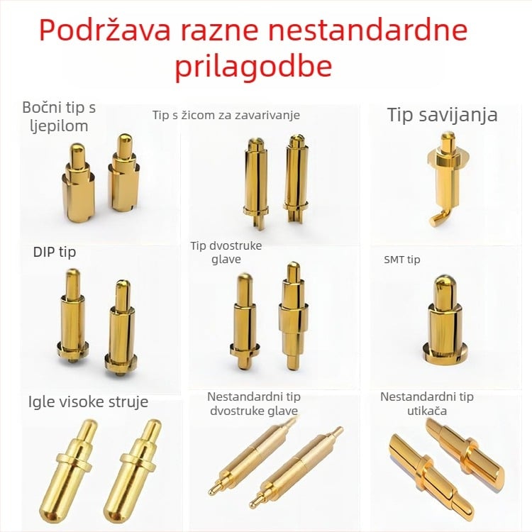 Pogopin opružni kontaktni pin, zlatno-pokovani bakreni pin, nekorodirajući, visok tok, testni pin za punjenje