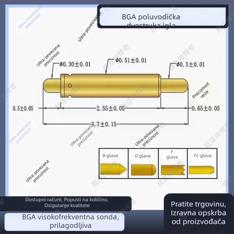 Dvostrani igličasti zond, serija BGA051, probna sonda za čip, opružni kontakt, poluvodički zond, visokofrekvencijski zond