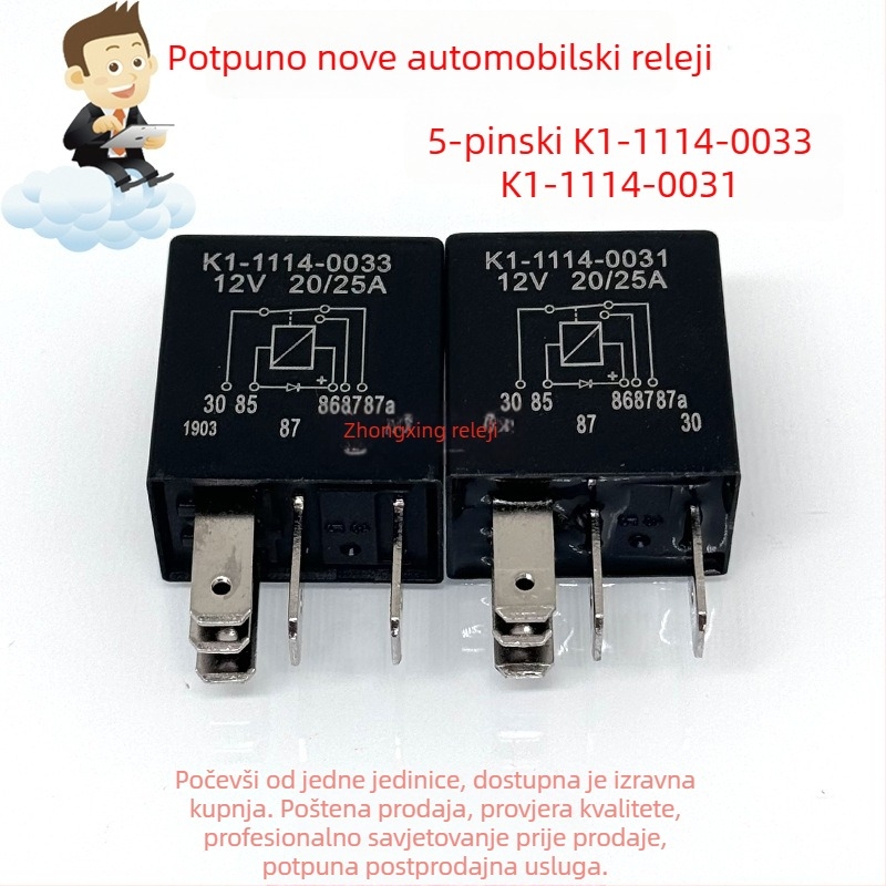 Automobilski relej K1-1114-0031, 12 V DC, 5-pinski; K1-1114-0033, 25 A