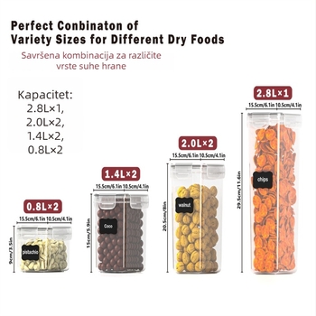 Set prozirnih plastičnih posuda PP za sigurno skladištenje žitarica, kvadratnog oblika, kapacitet 2,1-3 L