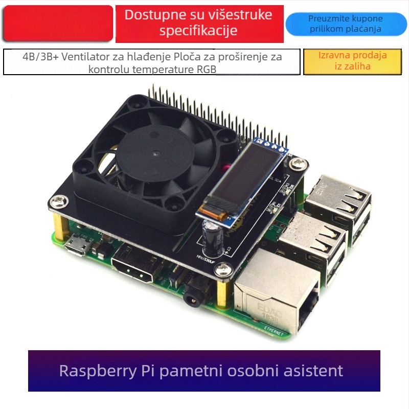 Raspberry Pi ploča za hlađenje s ventilatorom za 4B/3B+ s RGB kućištem i praćenjem u stvarnom vremenu