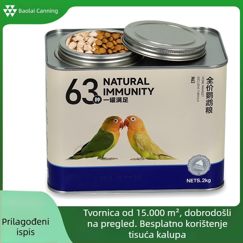 2 kg hrane za papige u metalnoj kutiji s čvrstim zatvaranjem, otporna na vlagu, prilagođeni višebojni tisak