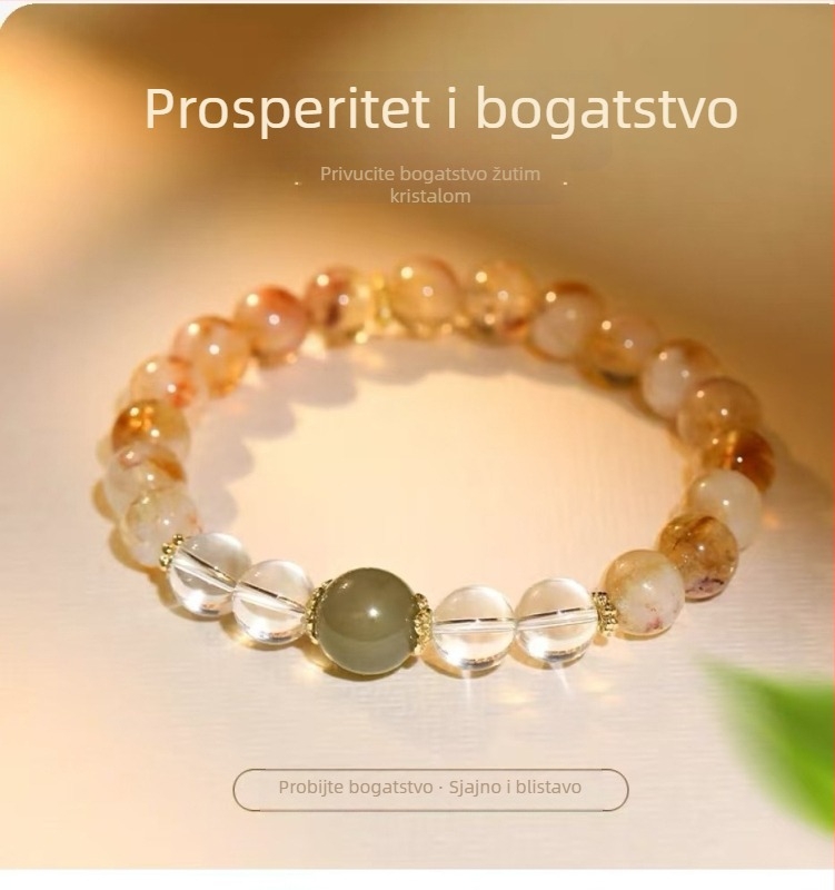 Ženska narukvica od žutog citrina i perlica – lagani luksuz, butik stil, profinjen, za slojevito nošenje