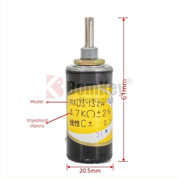 Forward WXD3-13-2W potenciometar, opcije otpora: 100 Ω, 470 Ω, 1 kΩ, 2.2 kΩ, 4.7 kΩ, 10 kΩ, 100 kΩ, 200 kΩ