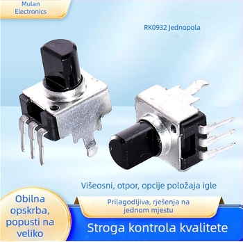 0932 Potenciometar s gumbom, 3 pina, uspravna ugradnja, okretno prilagodljiv, savijeni priključci za audio pojačalo