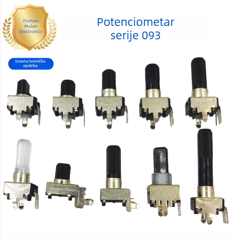 0932 Potenciometar s gumbom, 3 pina, uspravna ugradnja, okretno prilagodljiv, savijeni priključci za audio pojačalo