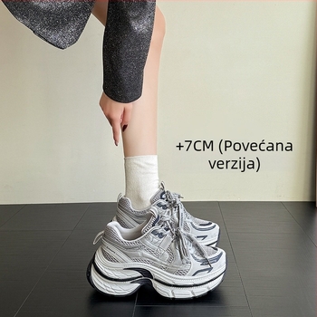 Ženske tenisice s debelim potplatom za povećanje visine, sivi mrežasti gornji dio, prirodna koža, dizajn color-block, casual tenisice