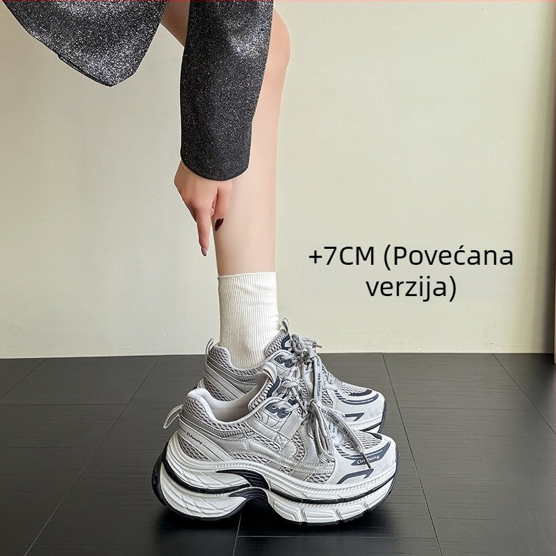 Ženske tenisice s debelim potplatom za povećanje visine, sivi mrežasti gornji dio, prirodna koža, dizajn color-block, casual tenisice