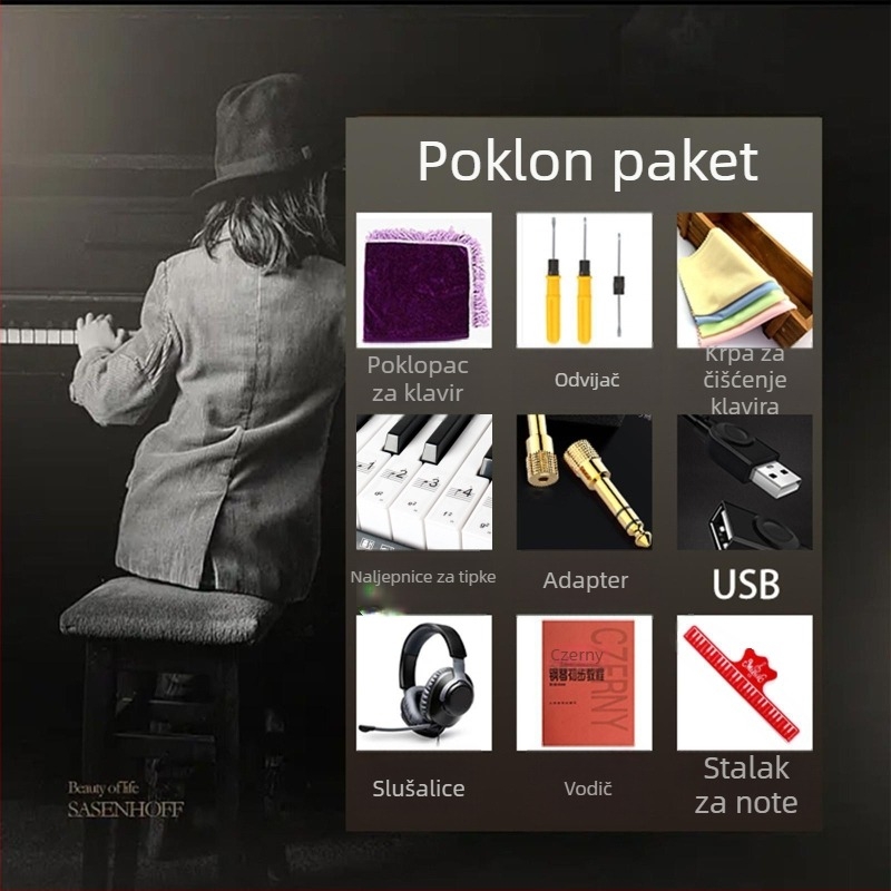 Poklon paket za električnu klavijaturu: naljepnice za tipke, navlaka za tipke, slušalice, Android OTG adapter, USB kabel, krpa za čišćenje, klip za notne zapise