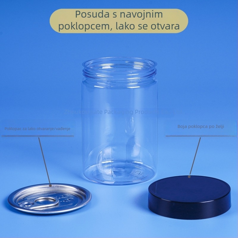 PET proziran plastični spremnik za pakiranje keksa, slatkiša, sušenog voća, orašastih plodova i goji bobica; s poklopcem za povlačenje i vijčanim poklopcem