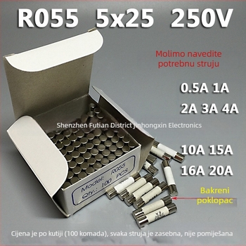 Keramički osigurač cijev RO55, jezgro R055, dimenzije 5×25 mm