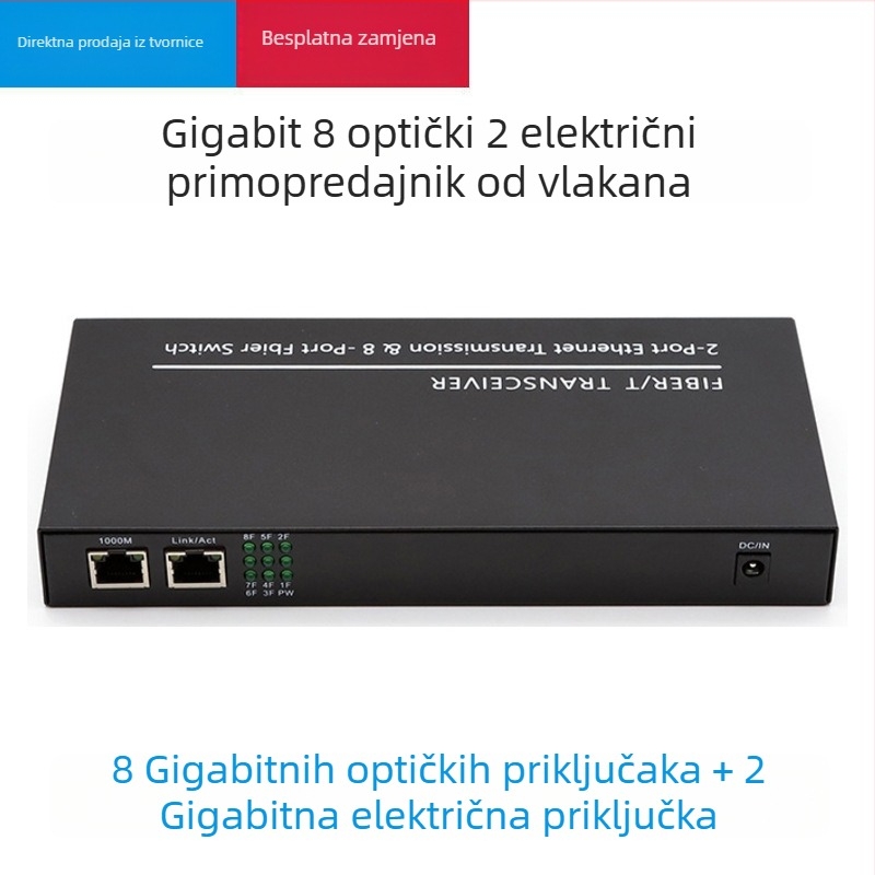 Gigabitni optični transceiver, 8 optičnih portova i 2 električna porta, jednomodni, jednovlaknasti optični spoj, SC priključak, agregacijski kaskadni prekidač, 3 km
