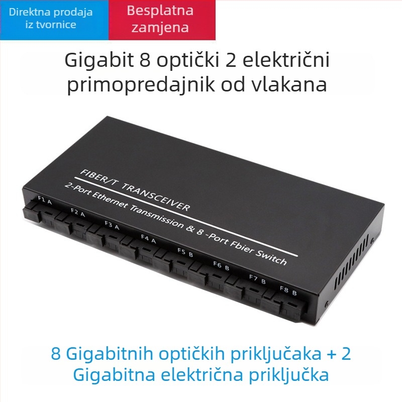 Gigabitni optični transceiver, 8 optičnih portova i 2 električna porta, jednomodni, jednovlaknasti optični spoj, SC priključak, agregacijski kaskadni prekidač, 3 km