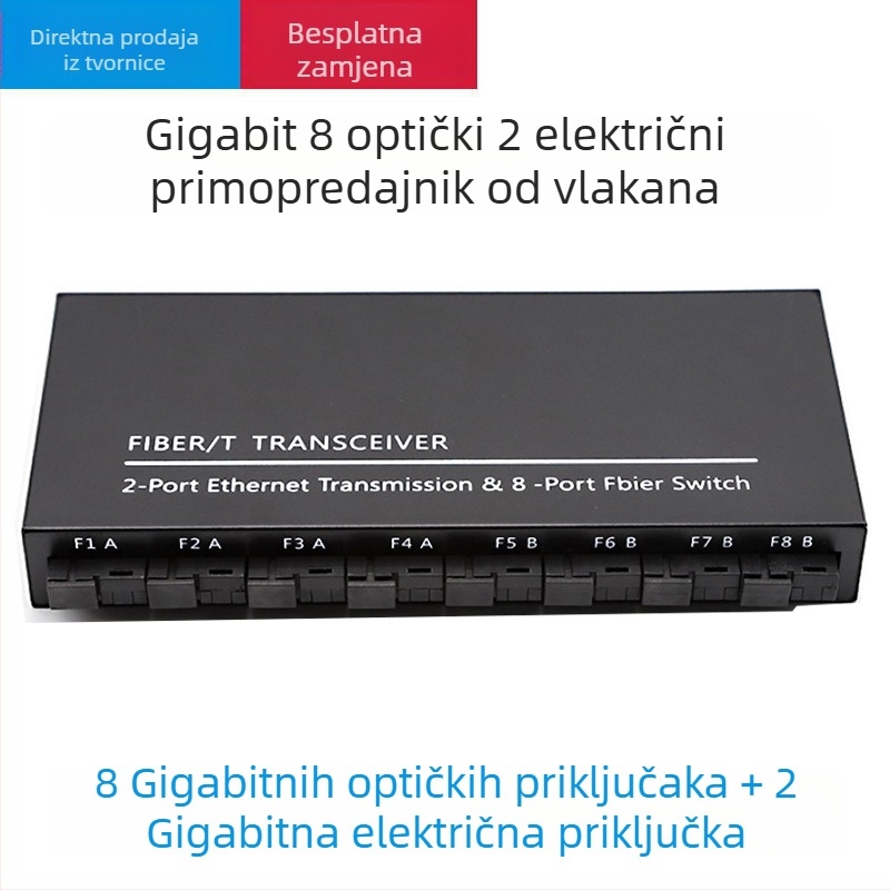 Gigabitni optični transceiver, 8 optičnih portova i 2 električna porta, jednomodni, jednovlaknasti optični spoj, SC priključak, agregacijski kaskadni prekidač, 3 km