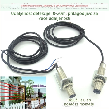 NPN laserski senzor kroz snop, 12 mm, napajanje 10–30 V DC, tip normalno otvoren/normally zatvoren, prijemnik i emiter vidljive svjetlosti