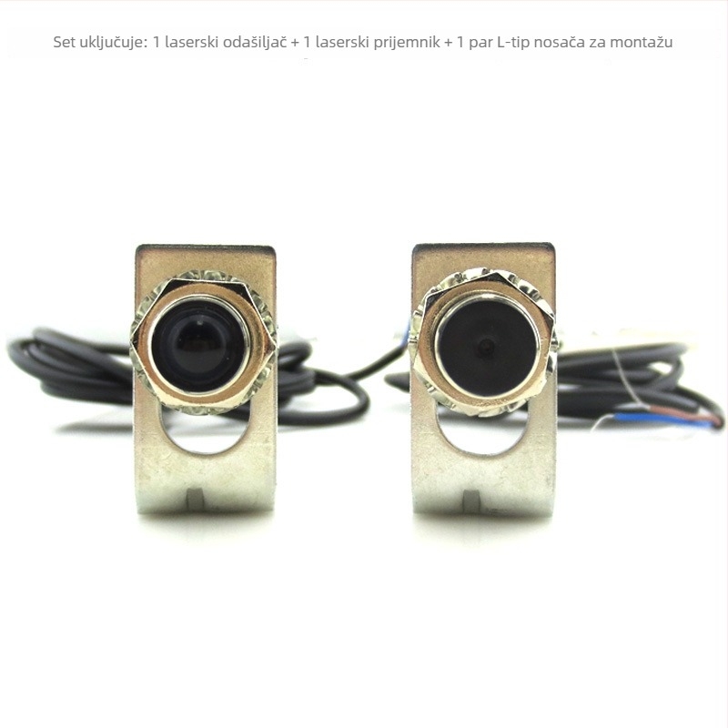 NPN laserski senzor kroz snop, 12 mm, napajanje 10–30 V DC, tip normalno otvoren/normally zatvoren, prijemnik i emiter vidljive svjetlosti