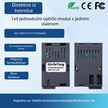1x9 dvostrano jednovlakni optički transceiver modul, doseg 20 km, SC/FC sučelje, 3.3V