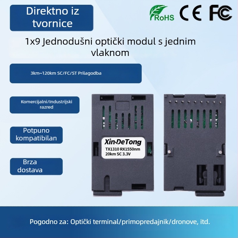 1x9 dvostrano jednovlakni optički transceiver modul, doseg 20 km, SC/FC sučelje, 3.3V