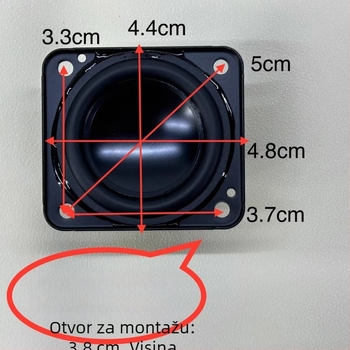 48x44 mm zvučnik širokog raspona, impedancija 4 Ω, snaga 20 W, nadogradnja s četiri zvučnika u kaleidoskopskom stilu