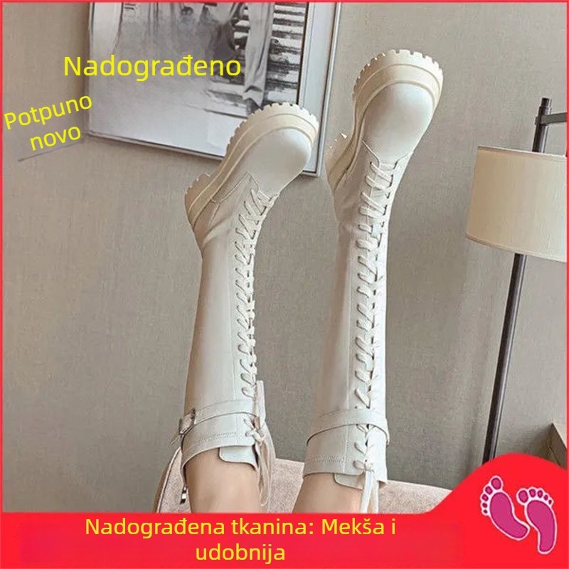 Ženske čizme s prednjim vezivanjem, jednobojne, debela potplata, do koljena, peta 6–8 cm