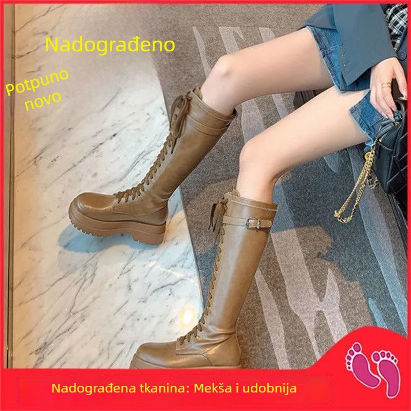 Ženske čizme s prednjim vezivanjem, jednobojne, debela potplata, do koljena, peta 6–8 cm
