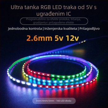 2,6 mm iridizirajuća 5V LED traka, ultra-tanka 0807 pločica, RGB WS2812B, automobilna ambijentalna rasvjeta