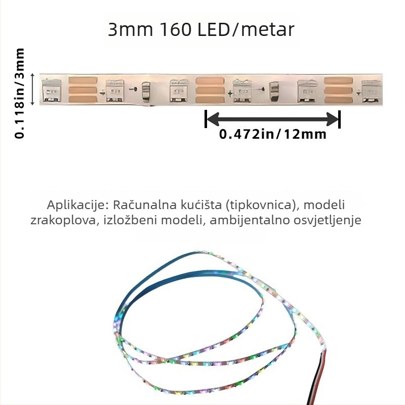 2,6 mm iridizirajuća 5V LED traka, ultra-tanka 0807 pločica, RGB WS2812B, automobilna ambijentalna rasvjeta