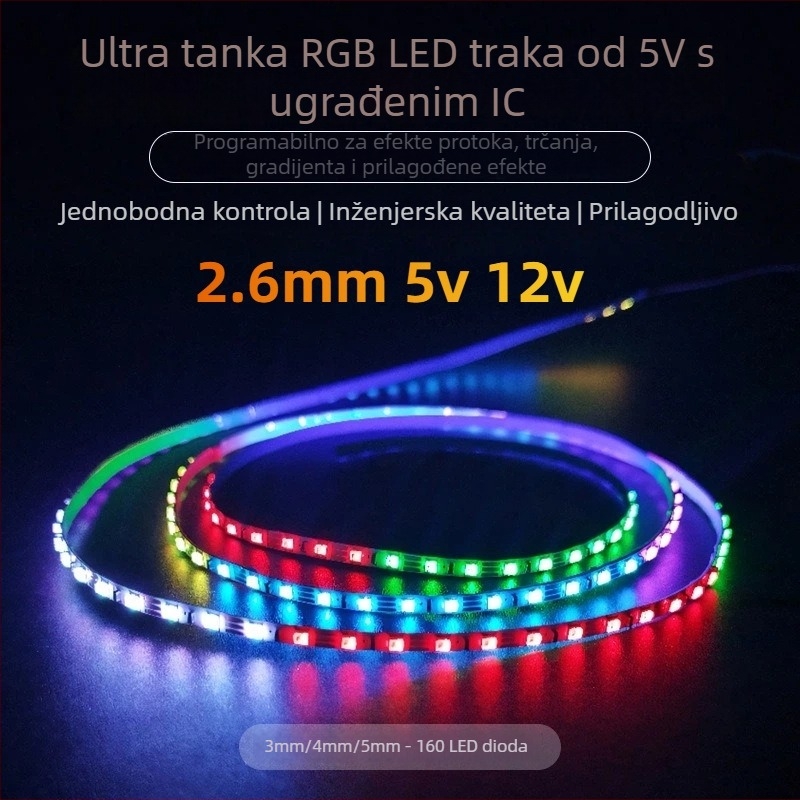 2,6 mm iridizirajuća 5V LED traka, ultra-tanka 0807 pločica, RGB WS2812B, automobilna ambijentalna rasvjeta