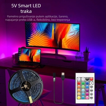 USB Bluetooth RGB LED trakasti set za gaming stol s ambijentalnim osvjetljenjem, 5050 LED, 5V niskog napona, kontrola aplikacijom/IR, 24 tipki za ambijentalno osvjetljenje