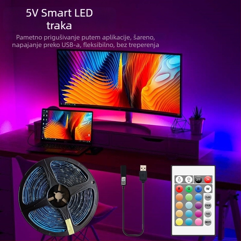 USB Bluetooth RGB LED trakasti set za gaming stol s ambijentalnim osvjetljenjem, 5050 LED, 5V niskog napona, kontrola aplikacijom/IR, 24 tipki za ambijentalno osvjetljenje