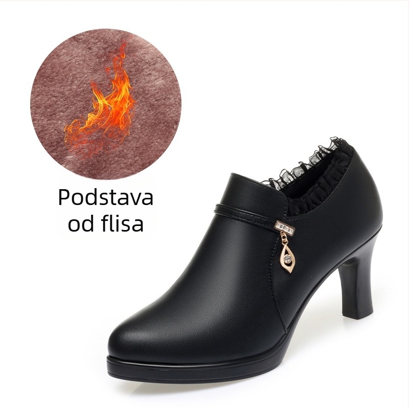Ženske cipele na visoku petu od PU, mekani potplat, toplo fleece podstava, okrugla nosnica, bočni zatvarač, 6-8 cm peta, jednobojne boje