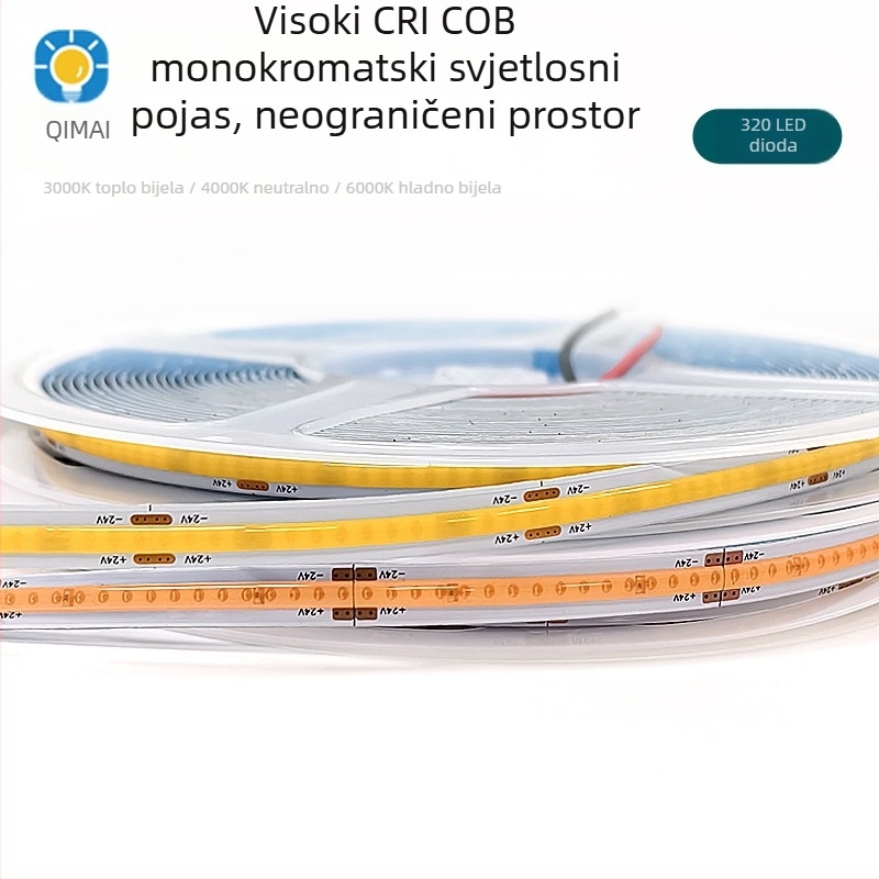 COB LED trak s niskim naponom, jednofarbna za unutarnje osvjetljenje, 24V, 320 LED, širina 8 mm, samoljepljiva, linearno osvjetljenje, CRI 90, s mogućnošću dimmeranja