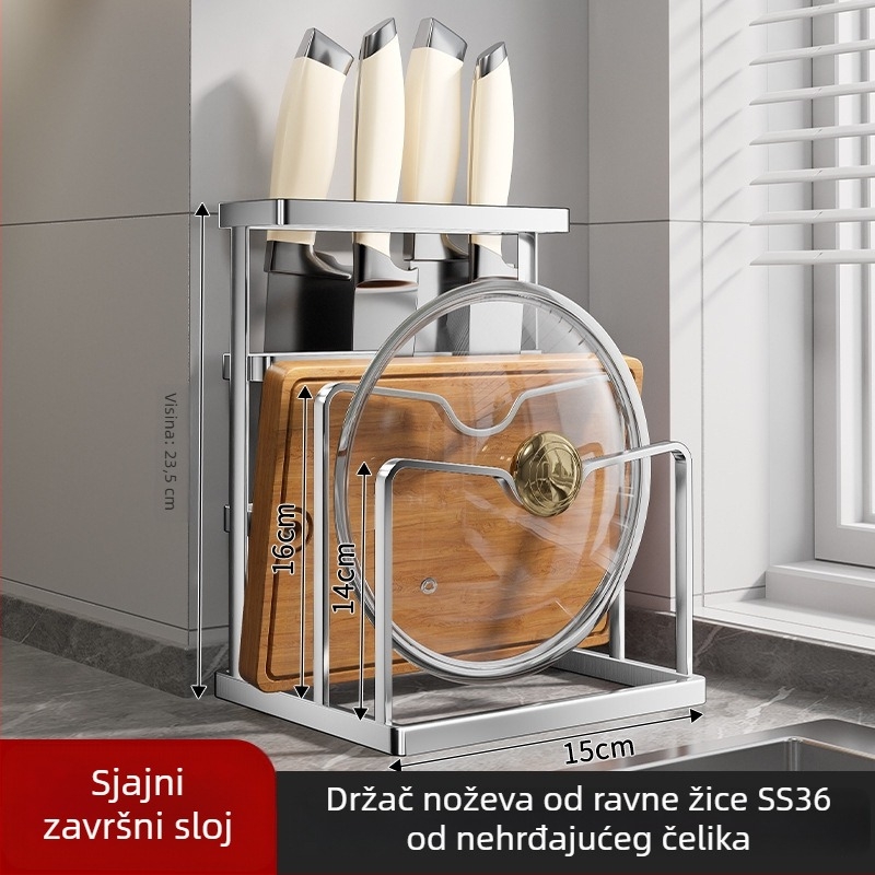 Integrirani kuhinjski stalak od nehrđajućeg čelika, držač za poklopce, daska za rezanje i držač noževa na radnoj površini
