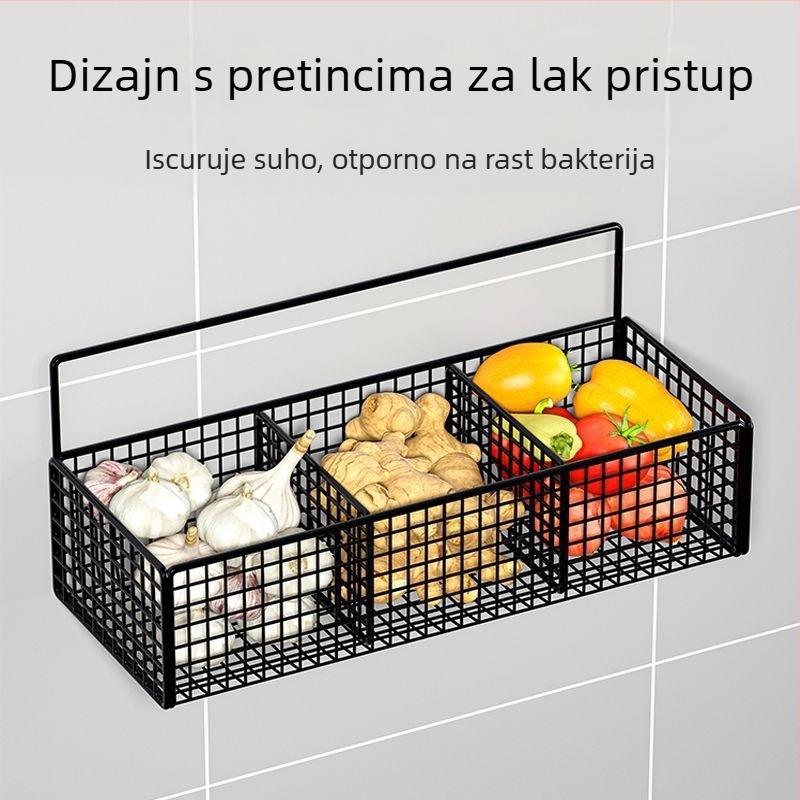 Zidni držač za luk, češnjak i đumbir — višenamjenski kuhinjski organizator, bez bušenja