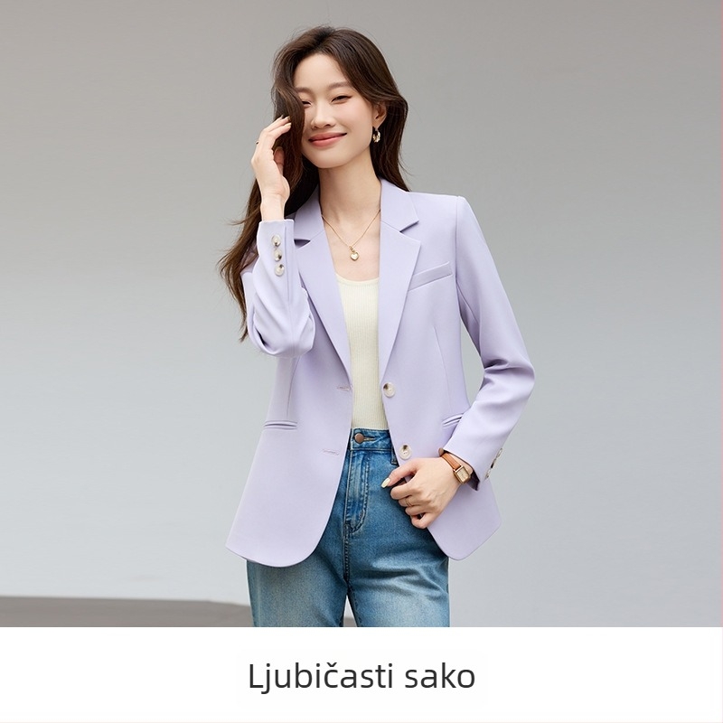Svijetlo ljubičasta ženska sako-blazer uskog kroja za proljeće i jesen, elegantan ležerni komad