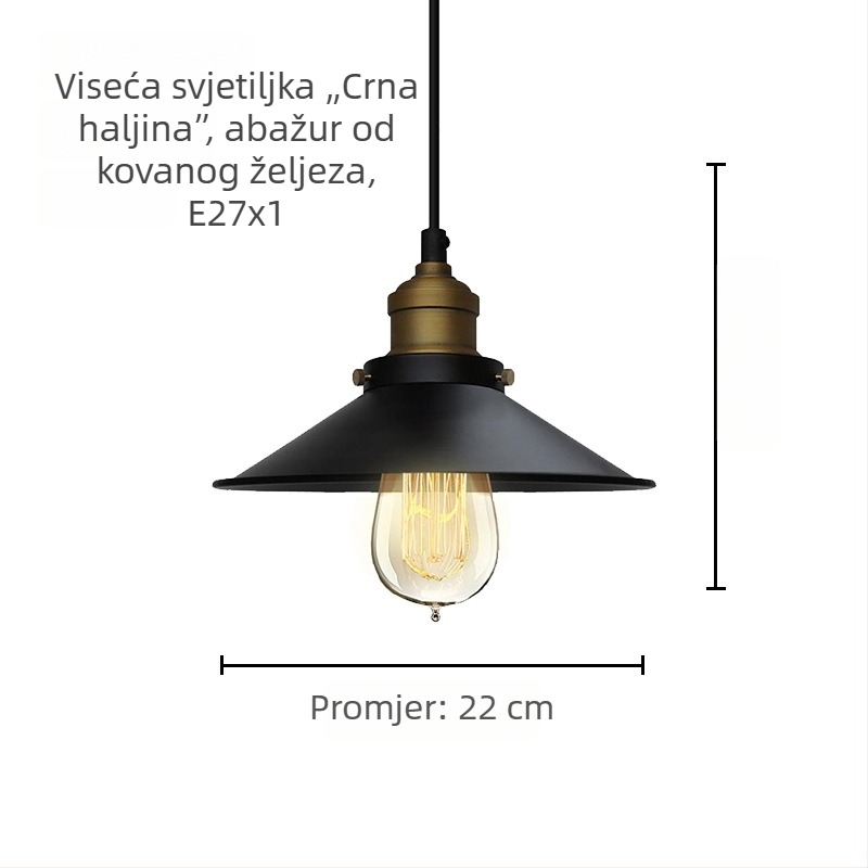 Viseće svjetlo od kovanog željeza, crno, retro industrijskog stila, LED, 220V, za kafiće, barove, restorane i kuhinje