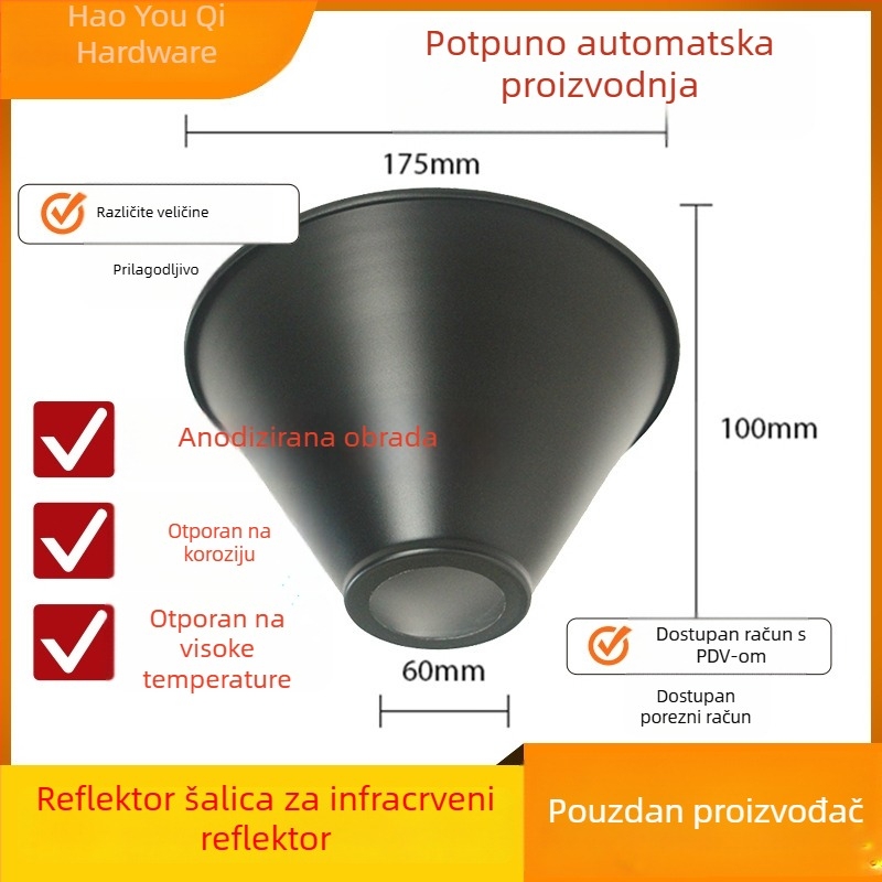 Aluminijski odraznik čašice Ø175 mm, 45° fokus, sjenilo za E27, solarno grijanje