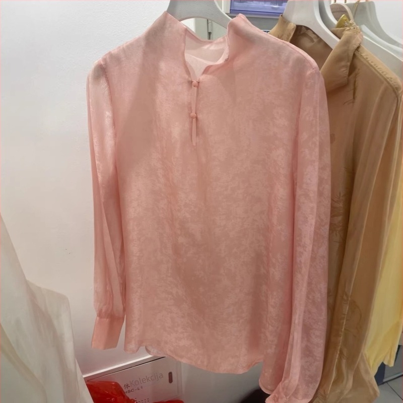 Bluza od rayon žakarda sa stojećim ovratnikom, ženska, retro cvjetni uzorak, dugi rukav, slobodan kroj