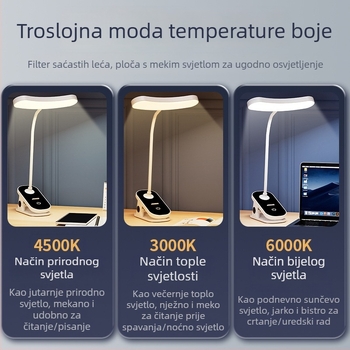 LED stolna lampa s klipom, crno-bijela, zaštita očiju, za studente, učenje i čitanje u studentskom domu