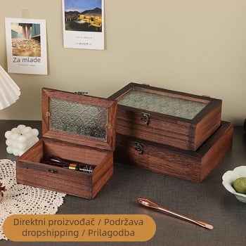 Drvena retro kutija za nakit s prašine zaštitom i preklopnim poklopcem, drvo paulovnija, staklena dekoracija s begonijinim cvijetom