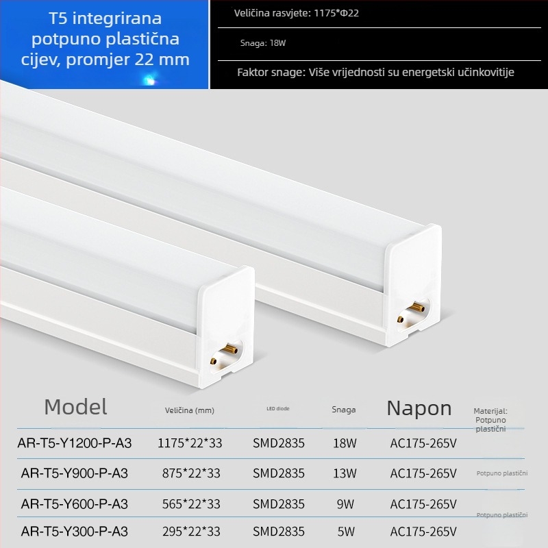 T5 integrirana LED cijev, potpuno plastično tijelo i četverokutni aluminijsko-plastični nosač, rasvjeta bez prašine za radionicu