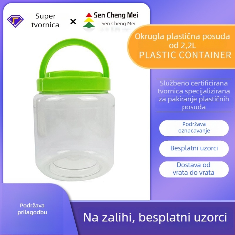 Na skladištu: 2,2 kg ambalažni spremnik za kabel za podatke s ručkom, glavom za punjenje, prozirna kružna PET plastična posuda