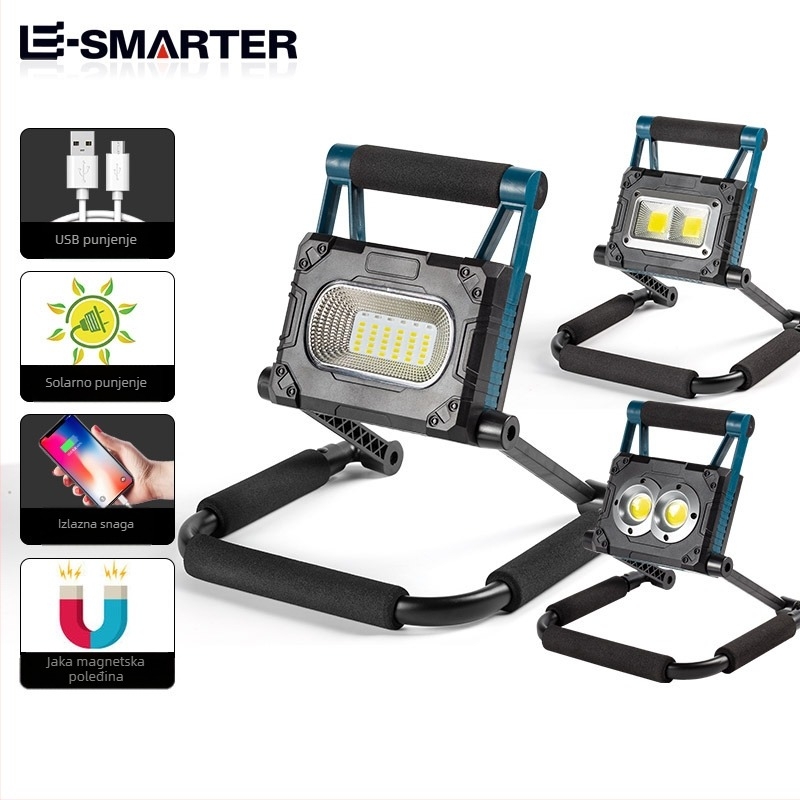 Solarna LED flood light za vanjsku upotrebu, prenosna uz nosač, USB punjenje, IP65, pogodno za kampiranje i planinarenje