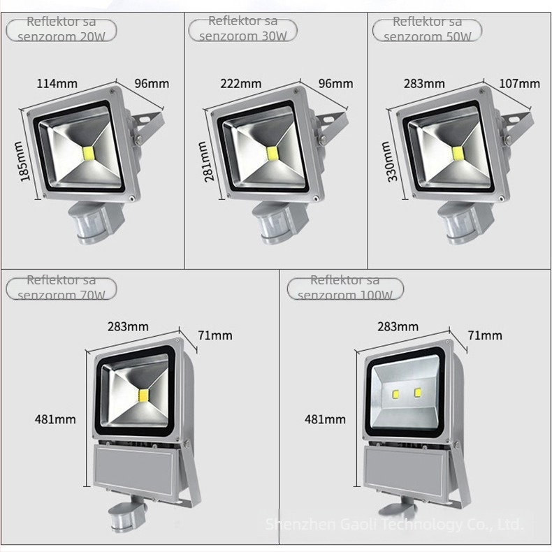 LED reflektor s detekcijom pokreta za vanjsku uporabu, 12–48V, pogodan za zidove, dvorišta i tunele, 10–100W