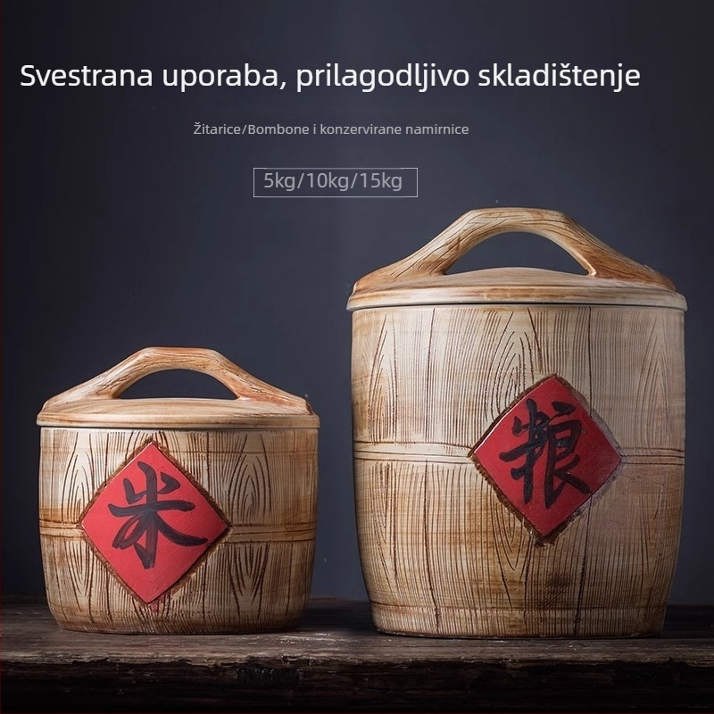 Keramički spremnik za rižu s poklopcem, kapacitet 5–15 kg, hermetičko skladištenje, dizajn u novom kineskom stilu