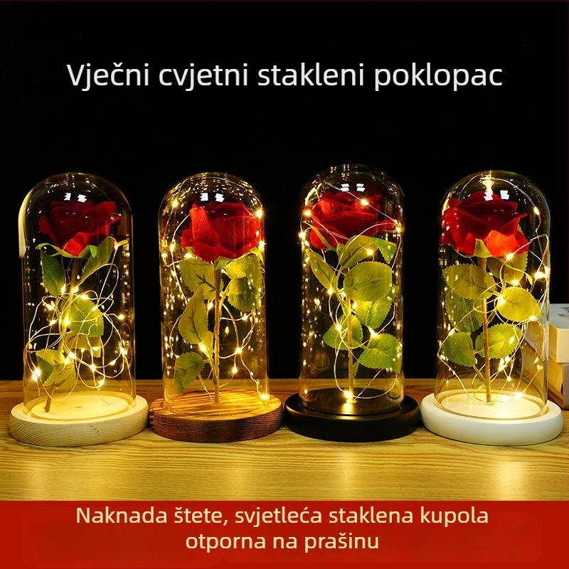 Vječno cvijeće u staklenom kupolu s ružom — stolna dekoracija, dar