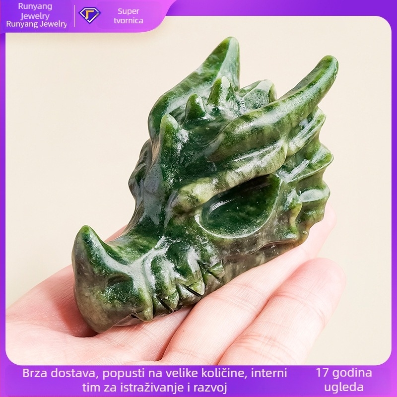 Prirodna jade dragon glava statua i rezbareni komadi kristalnog sirovog kamena: zmaj, ptica, slon – ukrasni predmeti