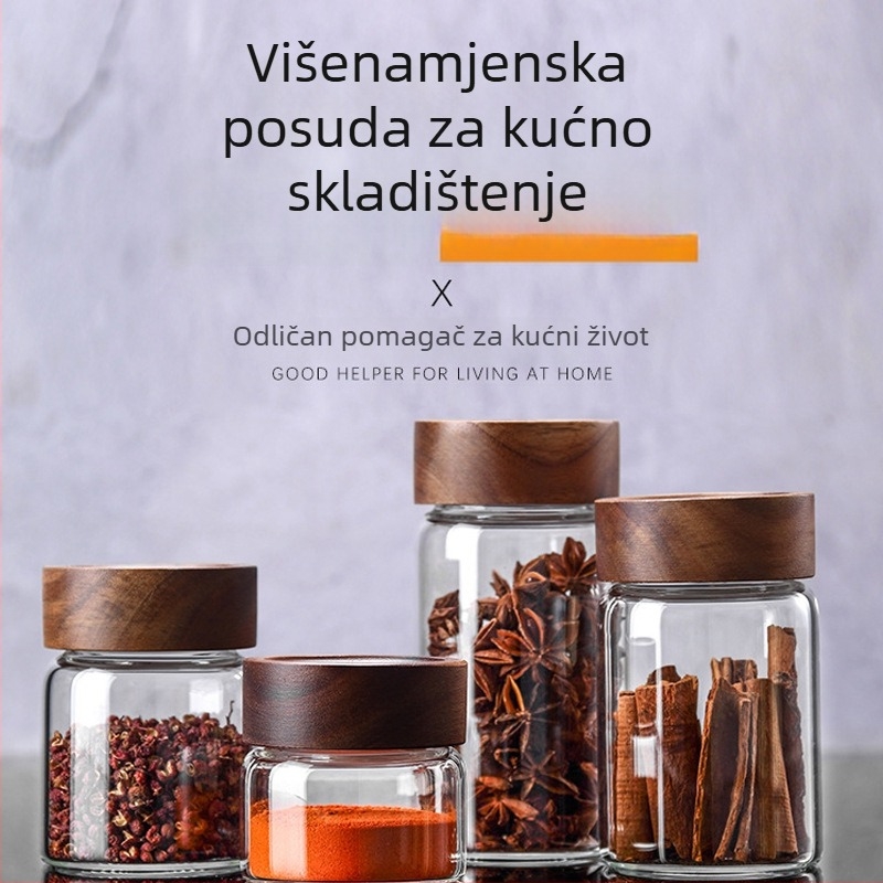 Staklena posuda visoke borosilikatne, hermetički zatvarajuća, za kuhinju s poklopcem od akacije i bambusa, posuda za čaj
